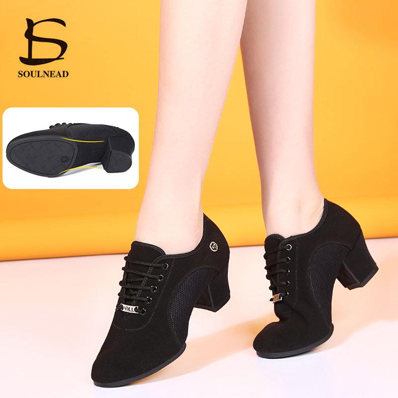 Giày khiêu vũ Latin Người phụ nữ Salsa Ballroom Shoes Giày nữ tập luyện giày nhảy múa giữa các quý cô nữ hiện đại Sneakers Color: Black suede sole Shoe Size: 7