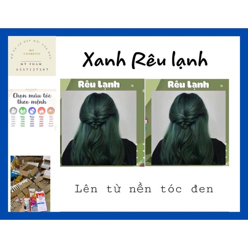 Thuốc nhuộm tóc xanh rêu kèm oxy và gang tay