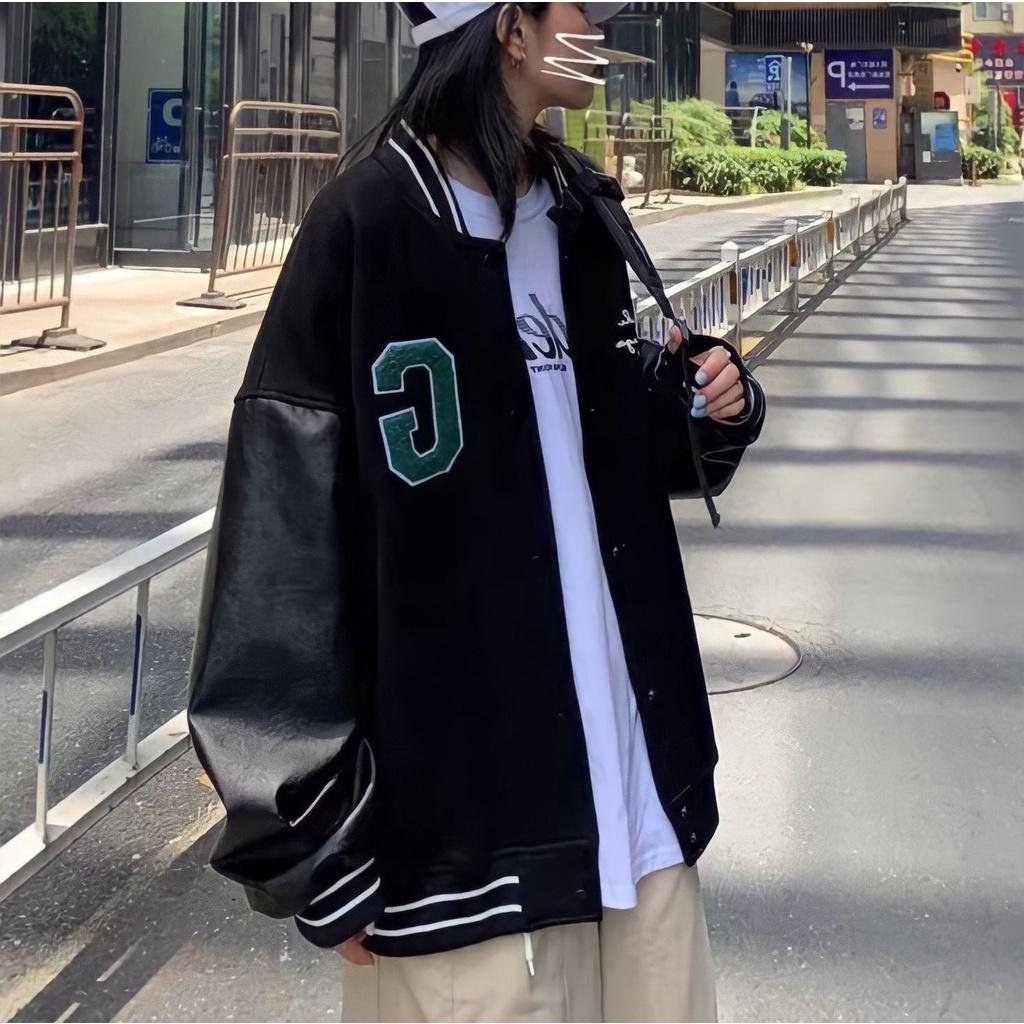 Áo Bomber Unisex Nam Nữ Tay Da Thêu Chữ G Dáng Thụng Cúc Bấm