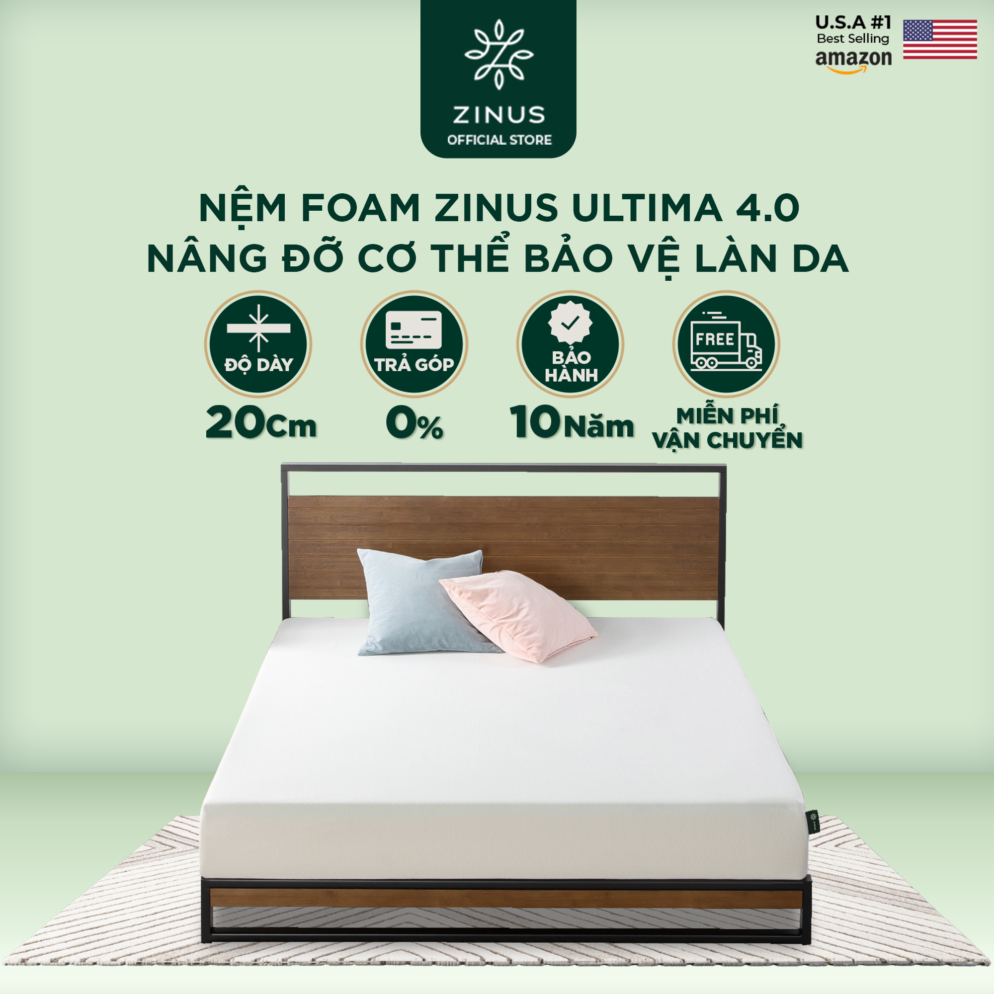 Nệm Foam Zinus Ultima 4.0 Nâng Đỡ Cơ Thể Bảo Vệ Làn Da