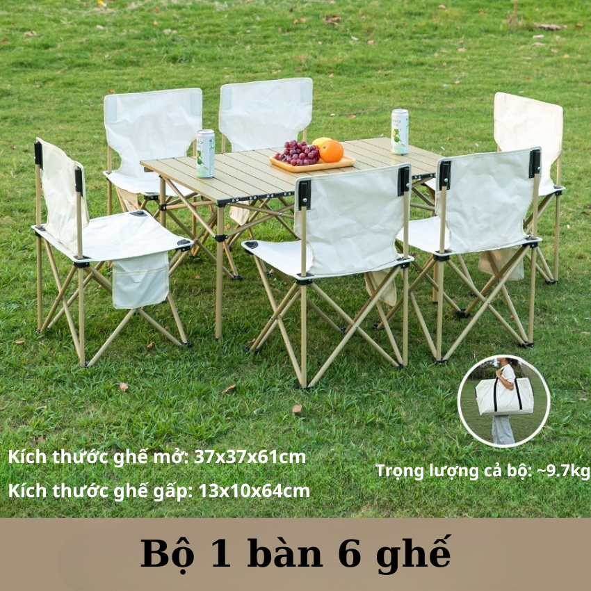 Bộ Bàn Ghế Xếp Du Lịch Dã Ngoại Xách Tay, Bộ 1 Bàn 6 Ghế Gấp Gọn Cắm Trại, Ghế Xếp Câu Cá