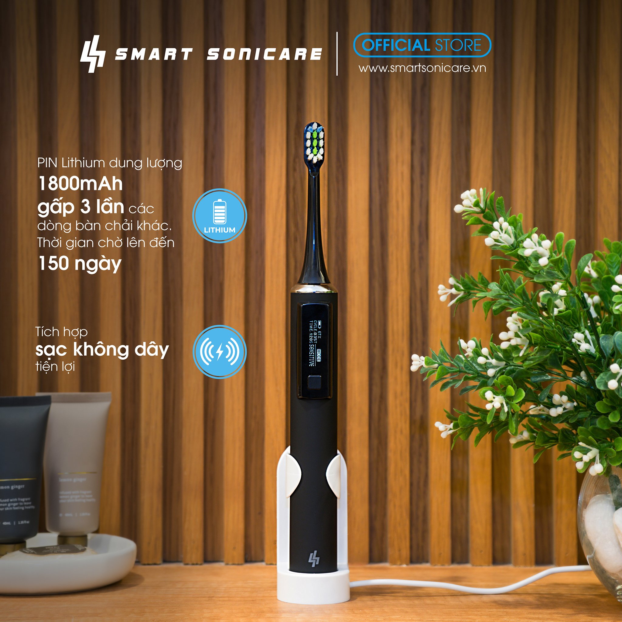 Bàn chải đánh răng điện Việt Nam Smart Sonicare SS-01-TRẮNG- Màn hình led, Công Nghệ Sóng Âm, Chải Sạch Mảng Bám