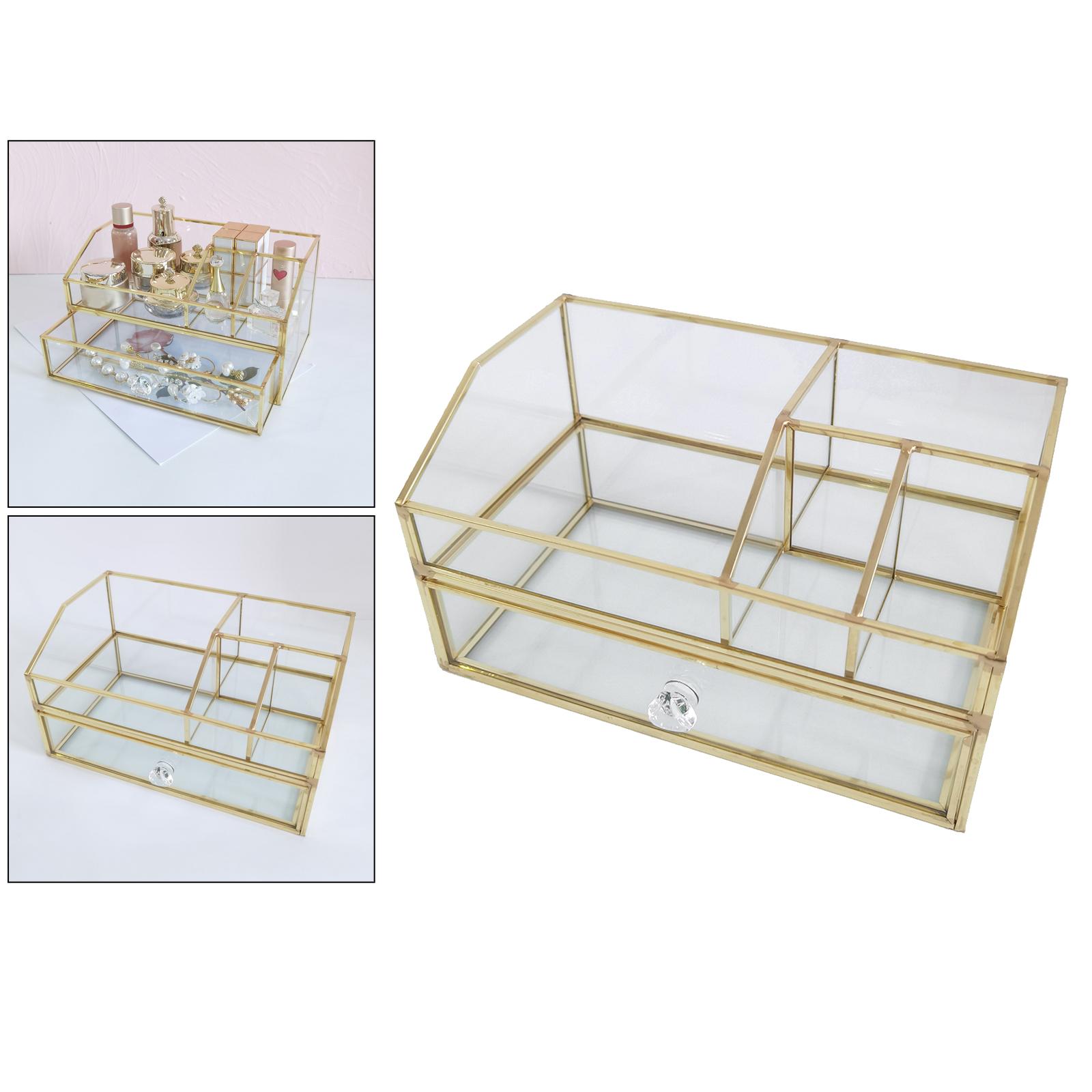 Clear Glass Jewelry Organizer Box - Golden Metal Keepsake Box Jewelry Organizer Holder, Wedding Birthday Gift, Vanity Decorative Case for Dresser
