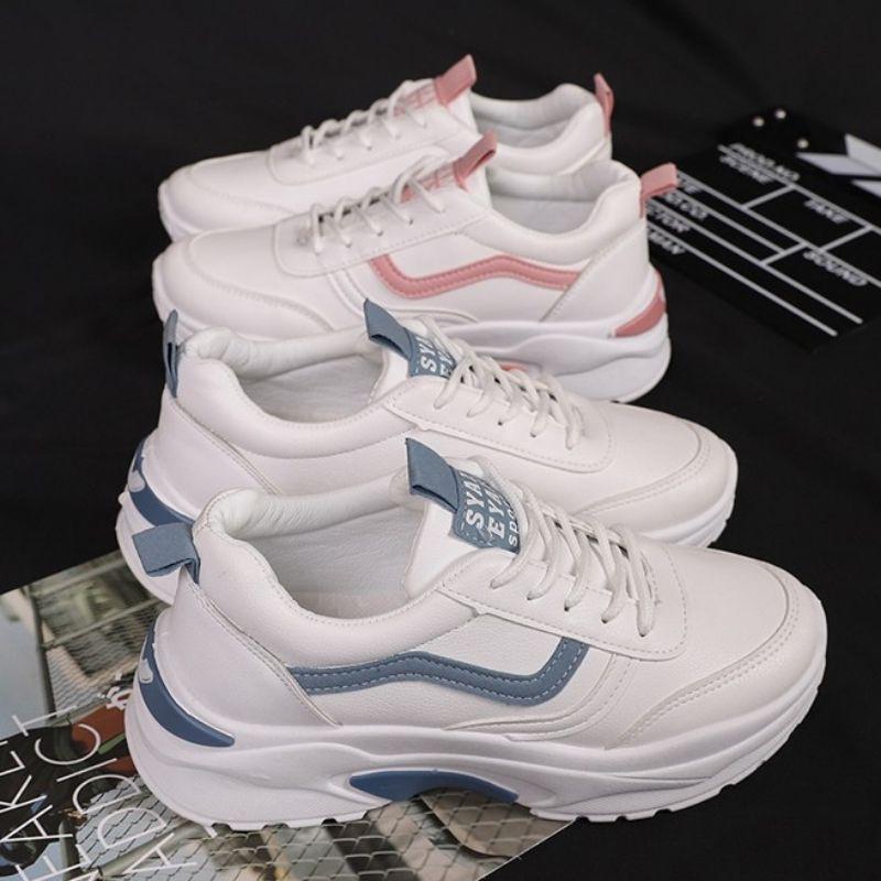 Giày đế độn nữ, giày nữ đi chơ, giày dép nữ kết hợp viền, giày sneaker đẹp giá rẽ, giày nữ màu trắng iền xanh và hồng