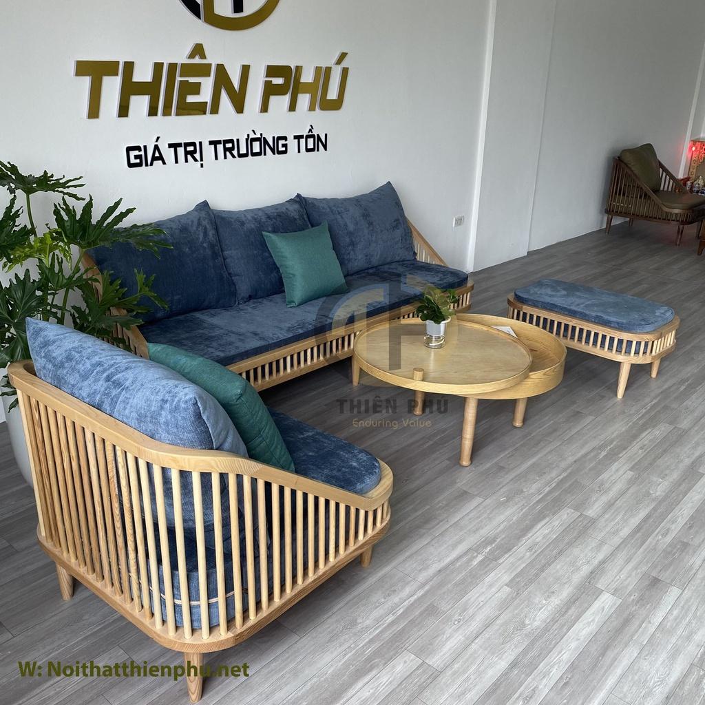 Bộ sofa gỗ Dedar KBH màu tự kết hợp bàn trà xoay Turning hiện đại