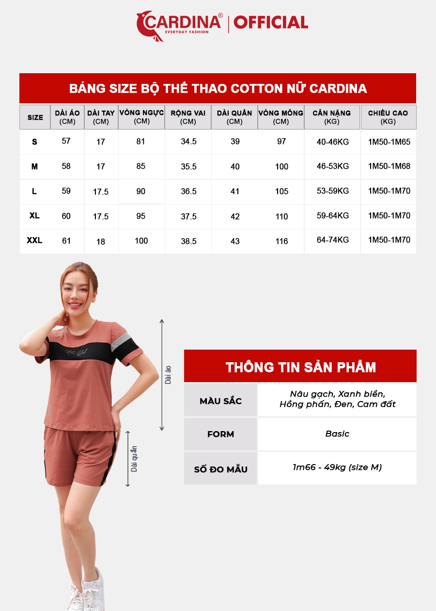 Đồ Bộ Nữ CARDINA Chất Cotton Kiểu Dáng Thể Thao Cao Cấp Bộ Mặc Nhà Quần Đùi Áo Cộc Tay Phối Màu  3CF01