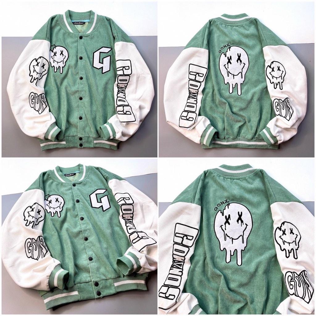 Áo Khoác Bomber Nhung Gân Tăm Thêu G-SMILE Jacket Varsity GONZZ Unisex Form Rộng Ulzzang NUPAKACHI
