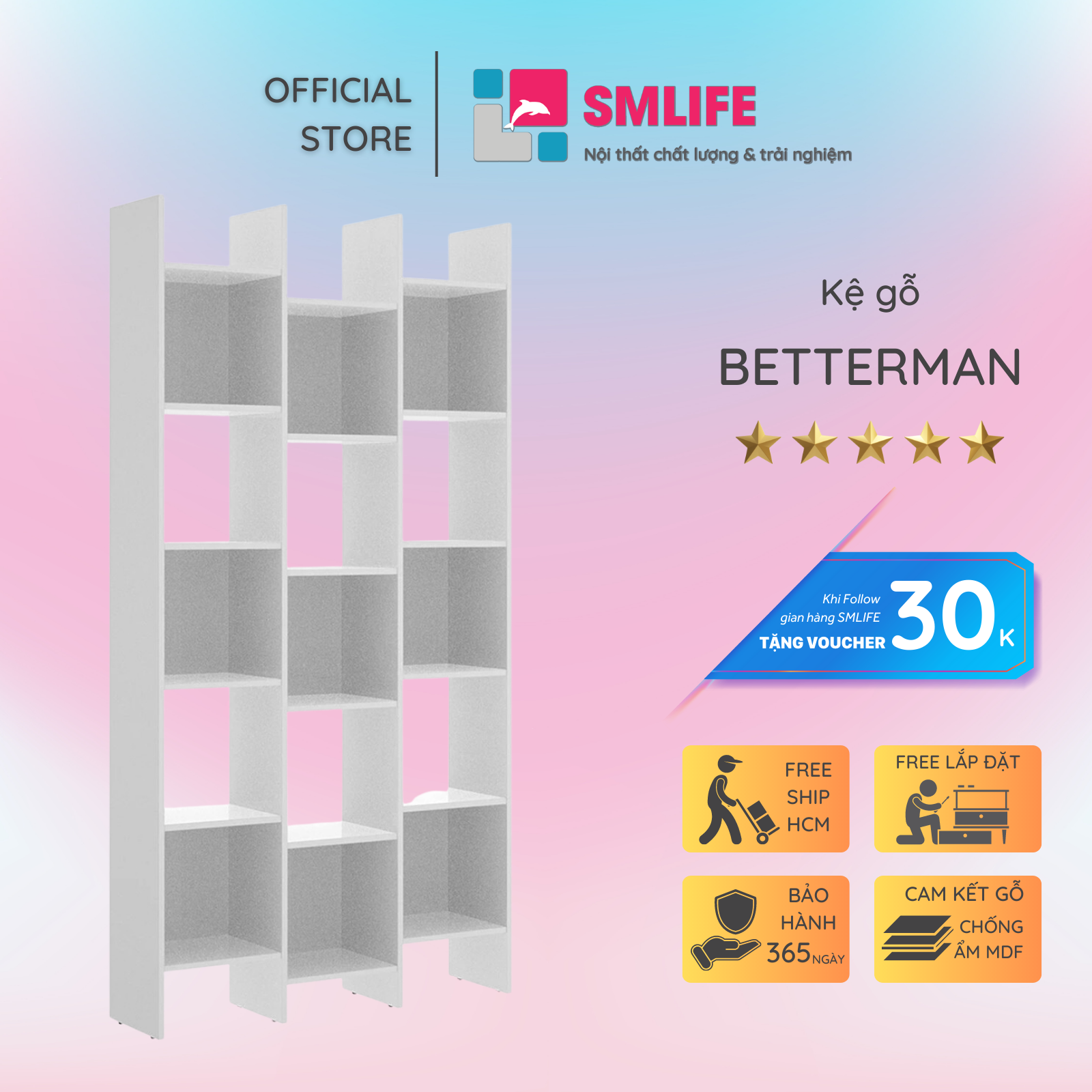 Kệ sách, kệ trang trí gỗ hiện đại SMLIFE Betterman | Gỗ MDF dày 17mm chống ẩm | D95xR30xC190cm