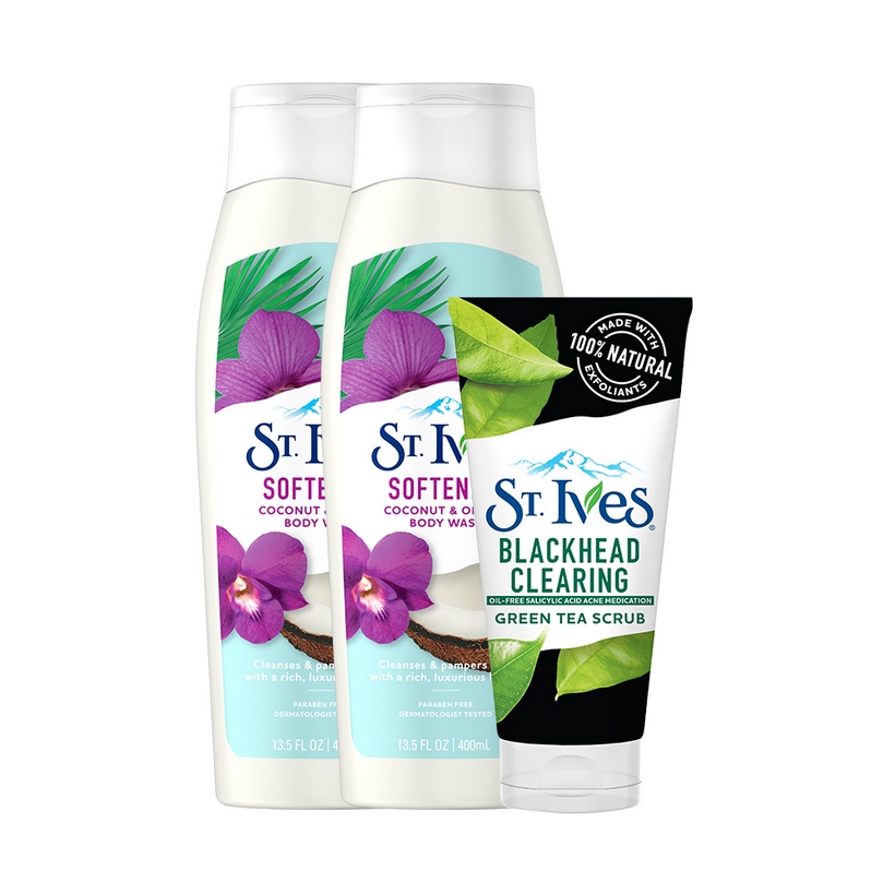 Bộ 2 sữa tắm St.Ives Dừa và Hoa Lan (400ml x 2) + Sữa rửa mặt tẩy tế bào da chết ngừa mụn St.Ives Trà Xanh 170g