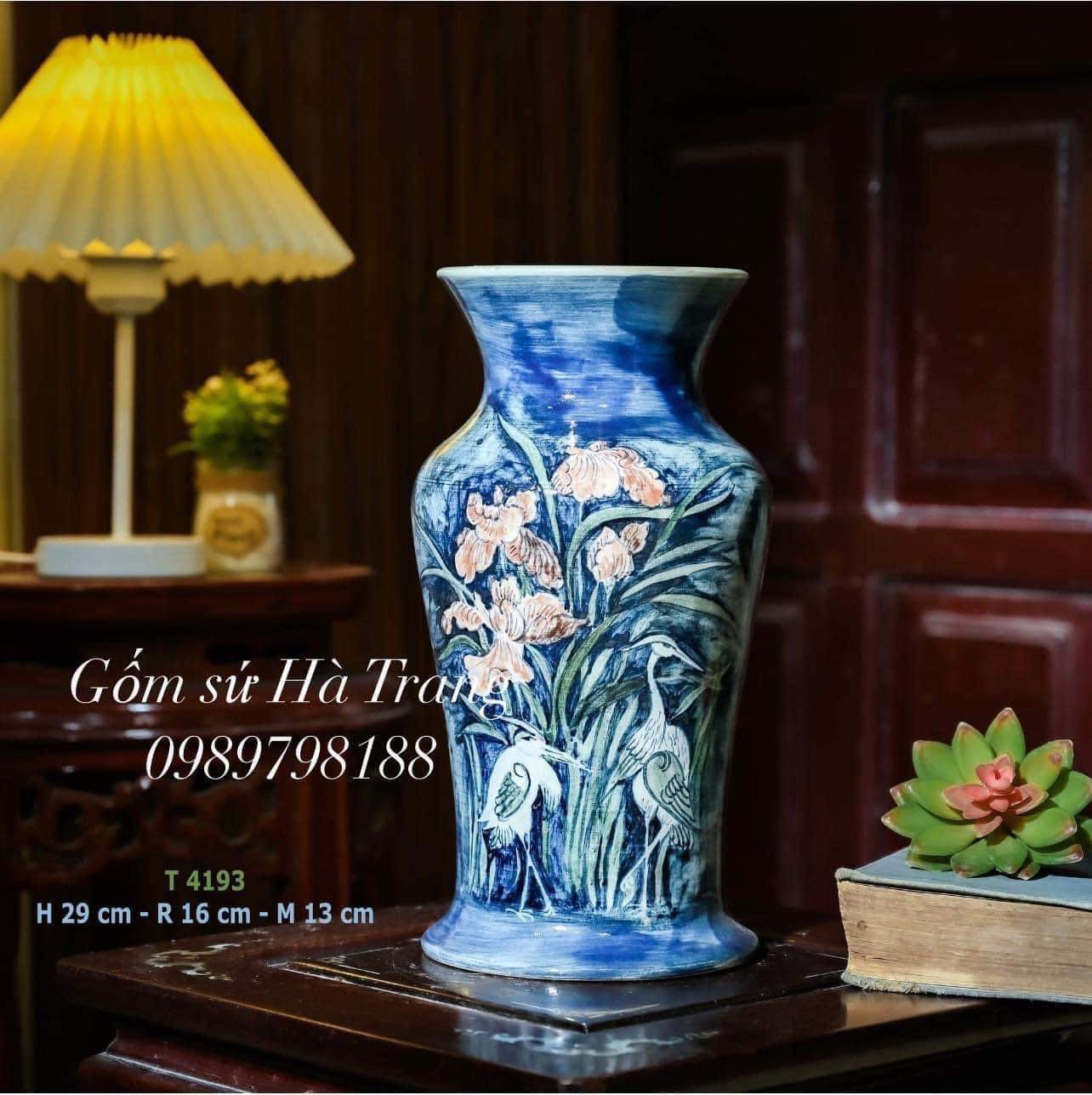 Lọ hoa gốm sứ Bát Tràng cao cấp vuốt tay độc bản vẽ tay cao 29cm miệng 13cm