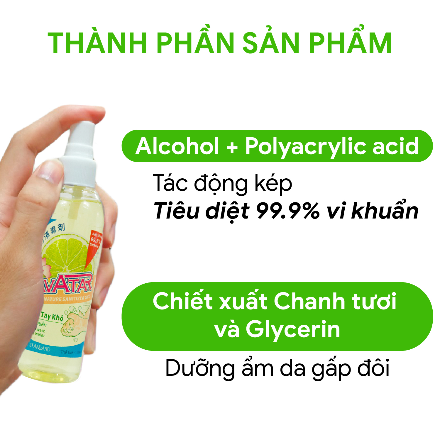 Xịt Rửa Tay Khô Hương Chanh Tươi Mát Làm Sạch Vượt Trội, X3 Dưỡng Ẩm Không Gây Khô Da AVATAR 100ml