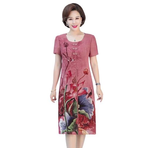 Đầm Trung Niên Tặng Mẹ , Kiểu Váy In Hoa Sen Cách Tân Cổ Tròn Ngắn Tay Form Suông Đi Tiệc | Thời Trang Trung Niên Nữ