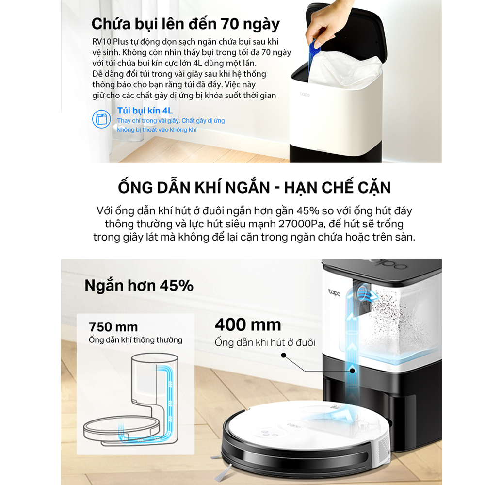 Robot Hút Bụi Và Lau Nhà + Dock Tự Động Đổ Rác Thông Minh TP-Link Tapo RV10 Plus - Hàng Chính Hãng