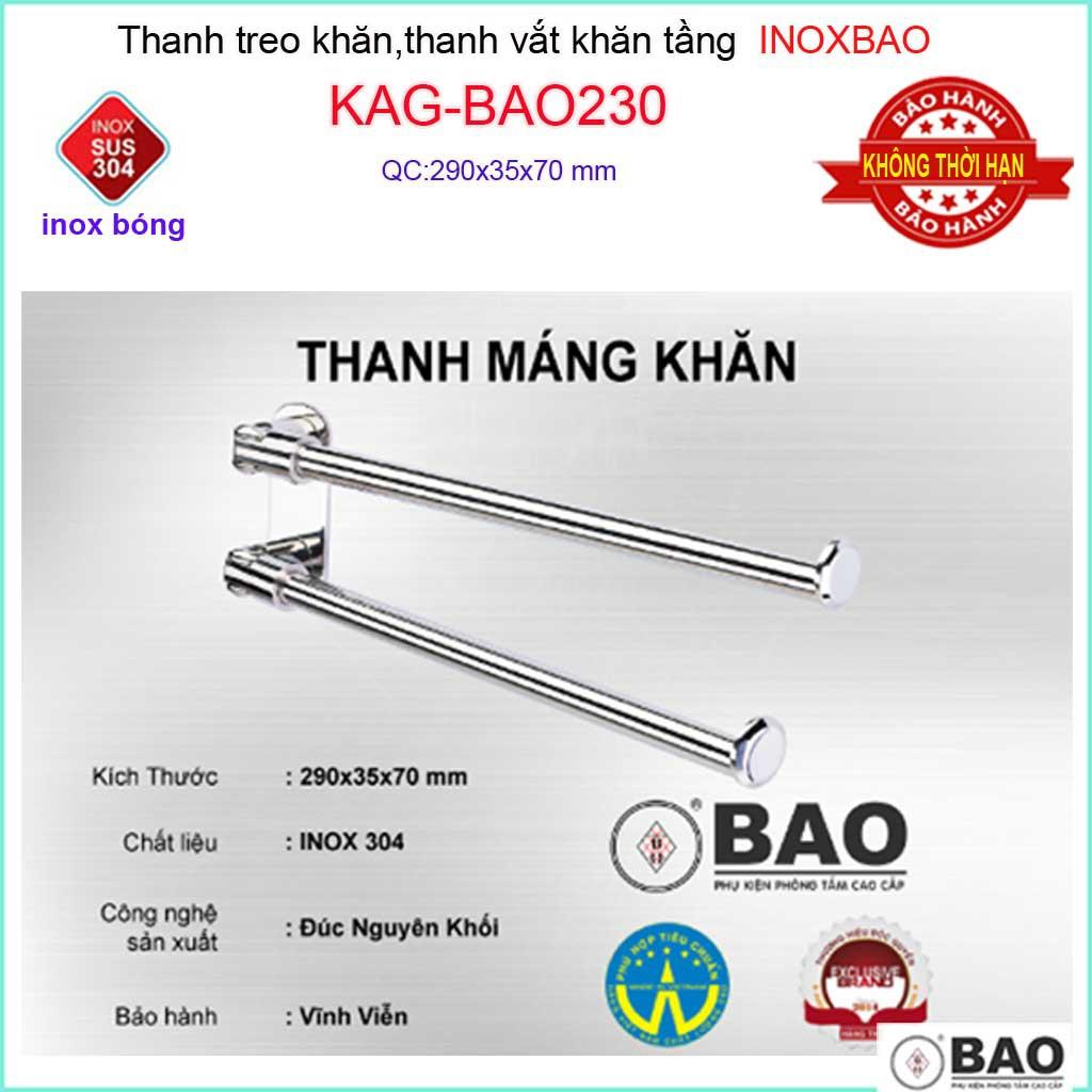 Thanh treo khăn 2 chia inox Inox Bảo KAG-BAO230, vắt khăn xoay 180 độ SUS304 tiện dụng linh hoạt gọn gàng