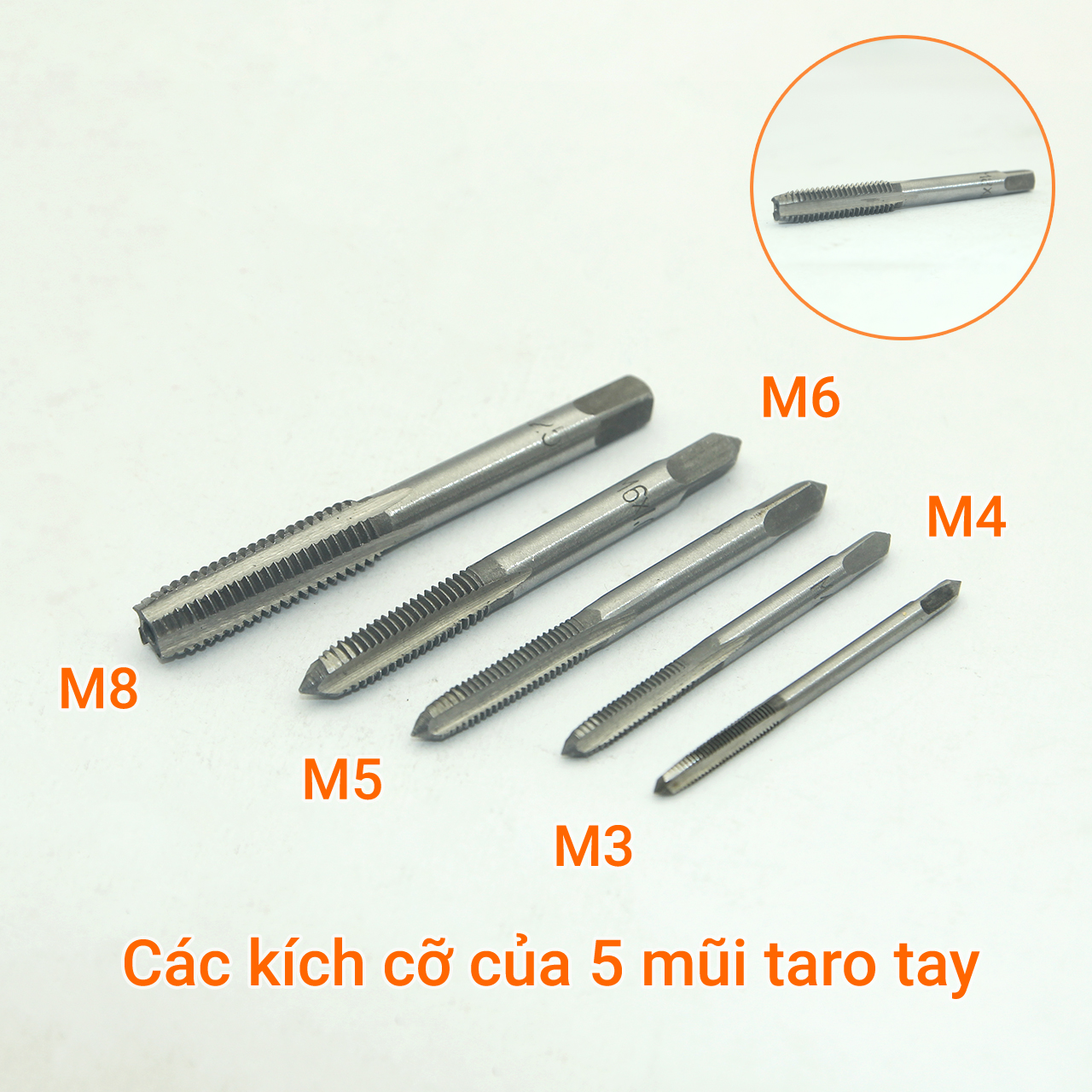 Bộ 5 mũi taro tay M3-M8 thép gió trắng