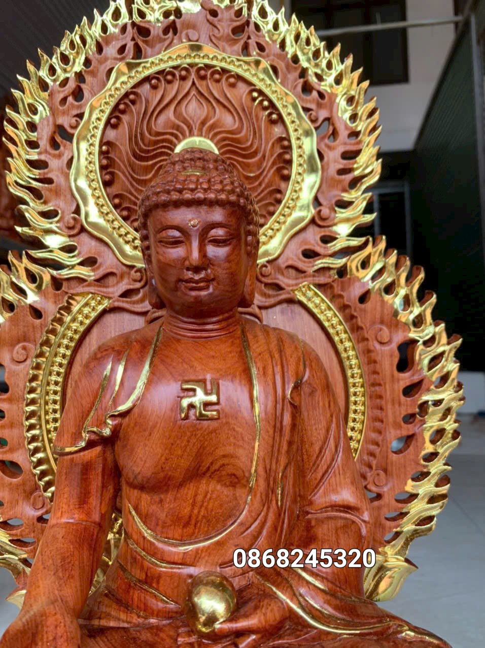 Bộ tượng thất phật được sư bằng gỗ hương đá kt cao 40×20cm +lá chắn hào quang cao tổng 54cm
