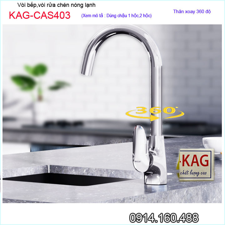 Vòi bếp nóng lạnh KAG-CAS403 thân tròn cao cấp, Vòi chậu rửa chén bát cần cong xoay 360 nước mạnh màu chrome bóng chất lượng tốt sử dụng siêu bền