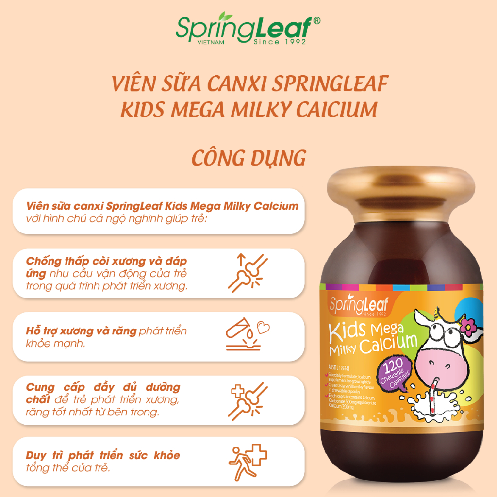 Canxi Sữa phát triển xương, răng và chiều cao của bé SpringLeaf Kids Milk Calcium 120 viên nhai