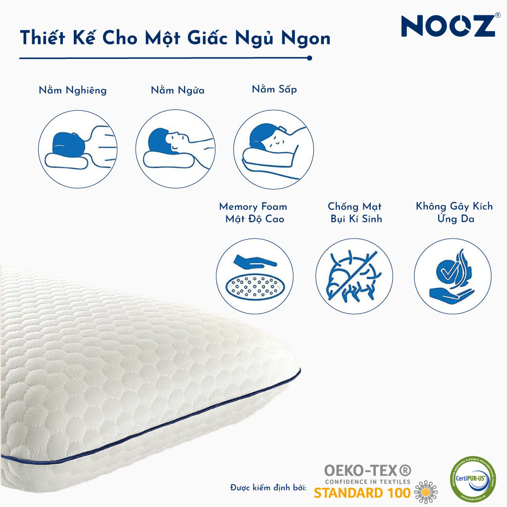 Hình ảnh Gối Ngủ Memory Foam NOOZ Ruột Gối Cao Su Non Giúp Nâng Đỡ Đốt Sống Cổ Chống Đau Vai Gáy Ngủ Sâu Hỗ Trợ Chống Trào Ngược Phù Hợp Với Mọi Tư Thế Nằm Vỏ Gối Tencel