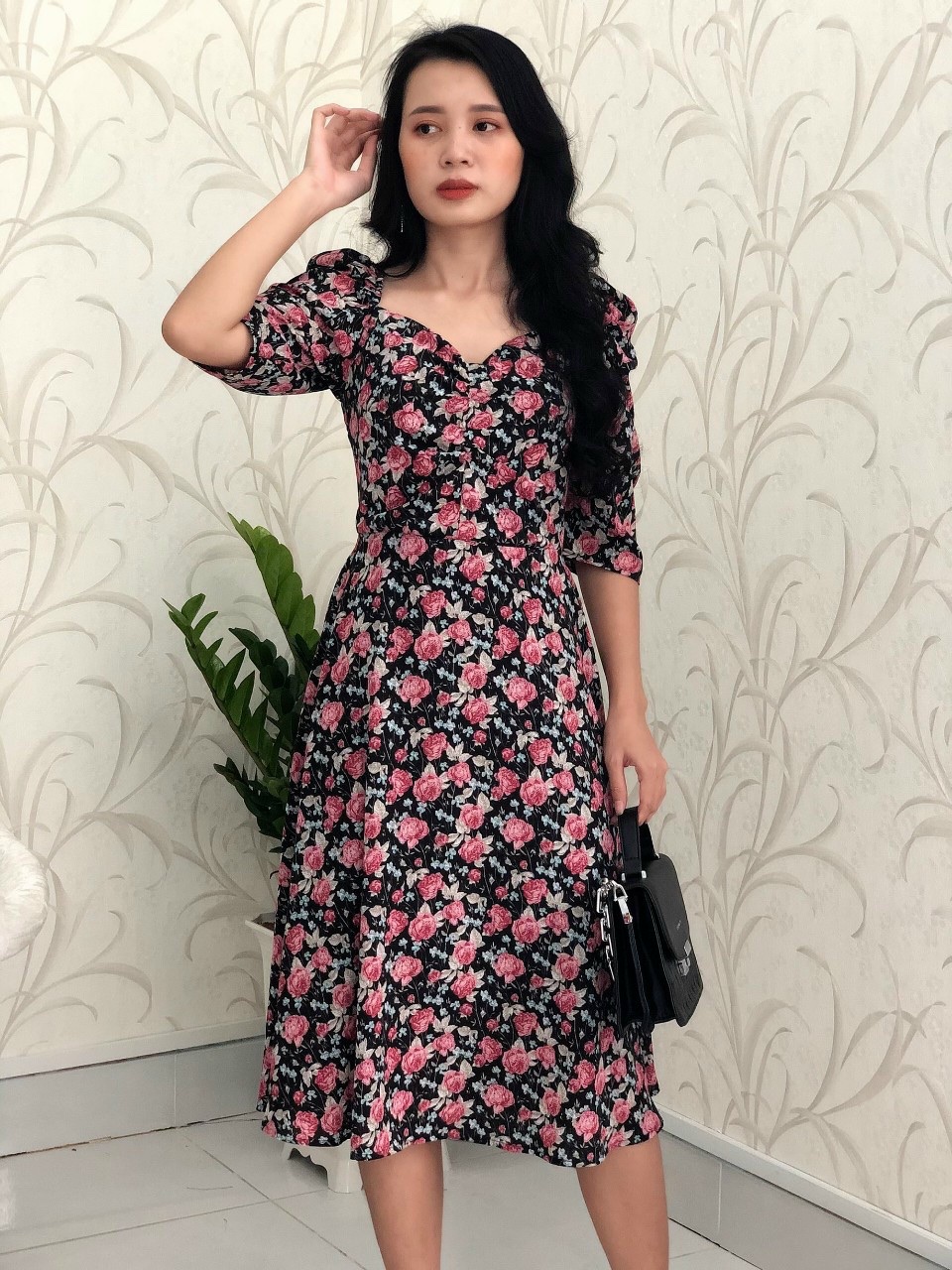 Đầm xòe voan hoa cổ vuông nhún ngực S&M GR192 - Hình thật do shop chụp