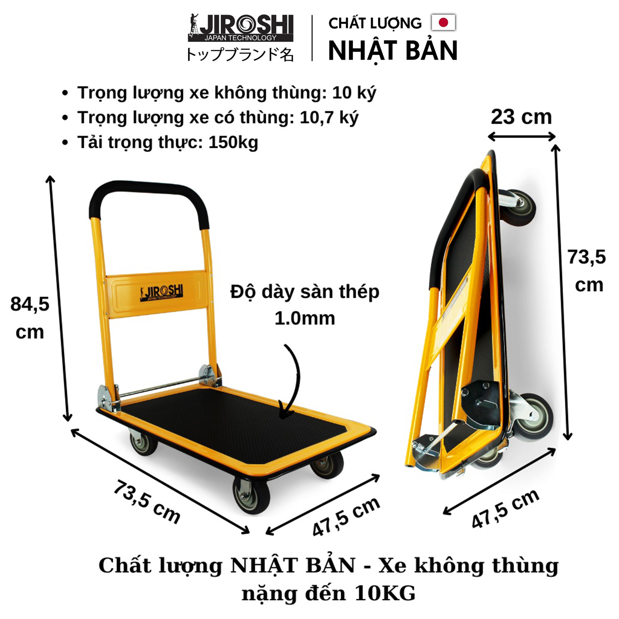 Xe đẩy hàng 4 bánh gấp gọn 150kg JIROSHI bánh chống ồn có khoá, xe kéo hàng bốn bánh tay xếp gọn chở đồ tải nặng