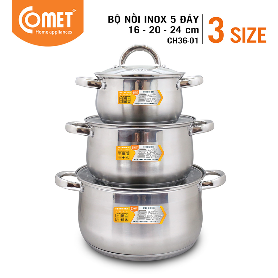 Bộ 3 Nồi Inox 304 5 Đáy Comet CH36-01 3 Size 16cm, 20cm, 24cm