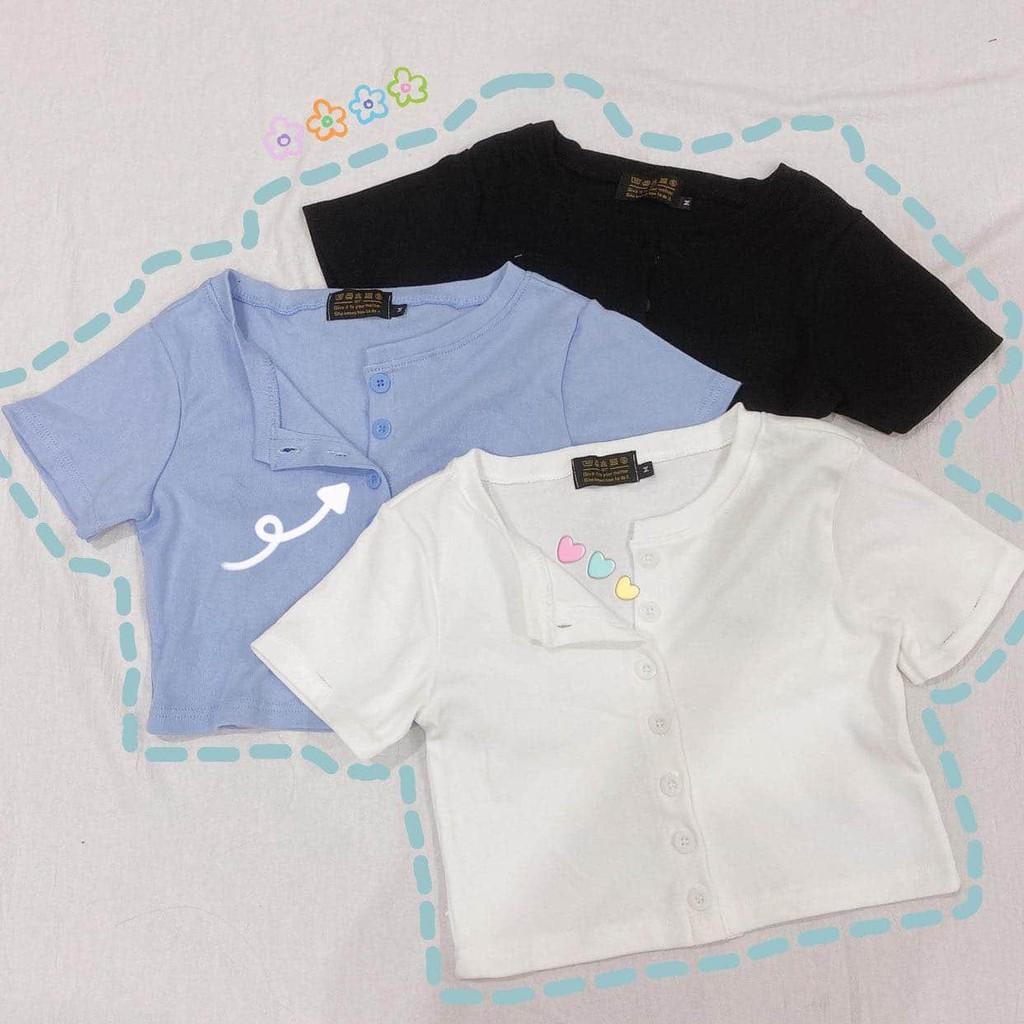 Áo Croptop Cổ Tim UMI Tay Ngắn Phối Nút Ulzzang (3 Màu) - D11