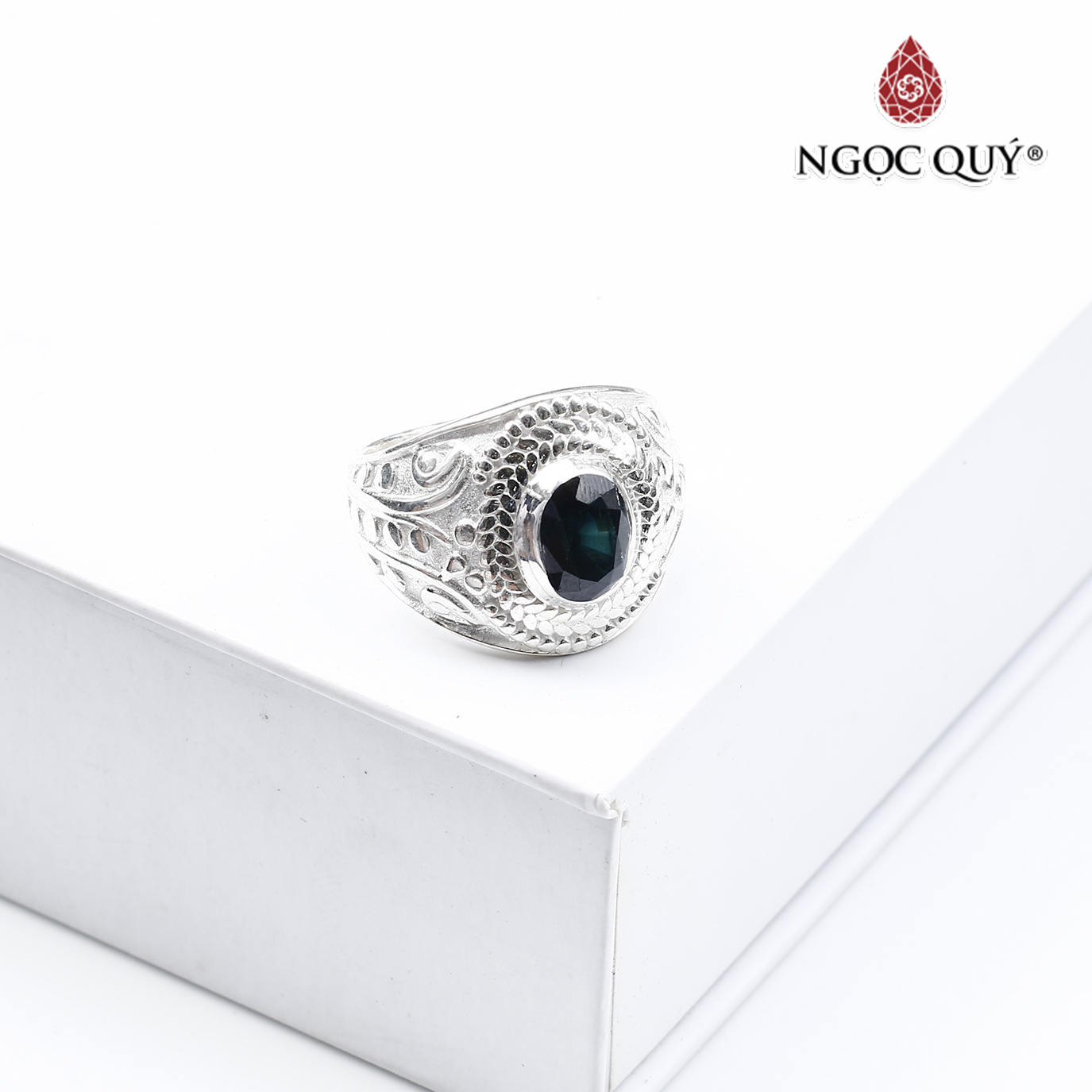 Nhẫn bạc nam mặt đá saphire 19mm mệnh thủy, mộc - Ngọc Quý Gemstones