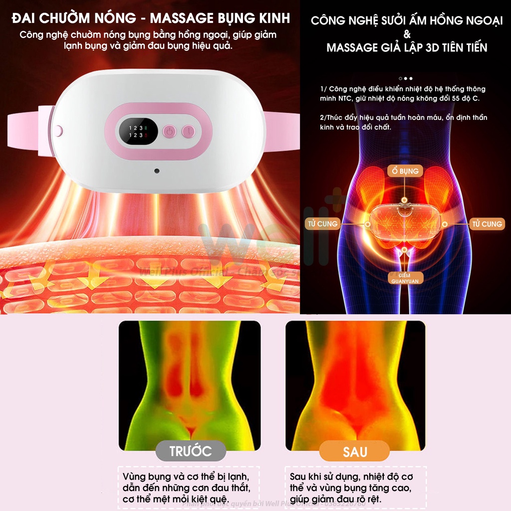 Đai Đeo Giảm Đau Bụng Kinh Nguyệt, Máy Massage Làm Ấm Bụng 3 Chế Độ Rung Và Nóng Giảm Cơn Đau Hiệu Quả