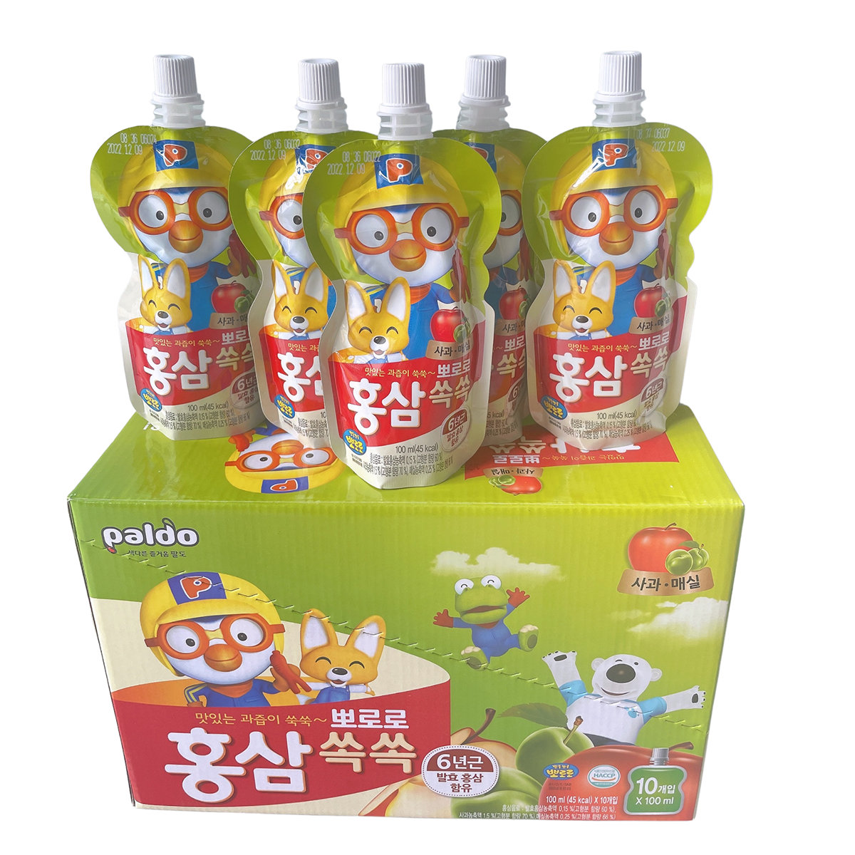 Thùng 40 Túi Nước Hồng Sâm Pororo Vị Táo Và Mơ 100ml