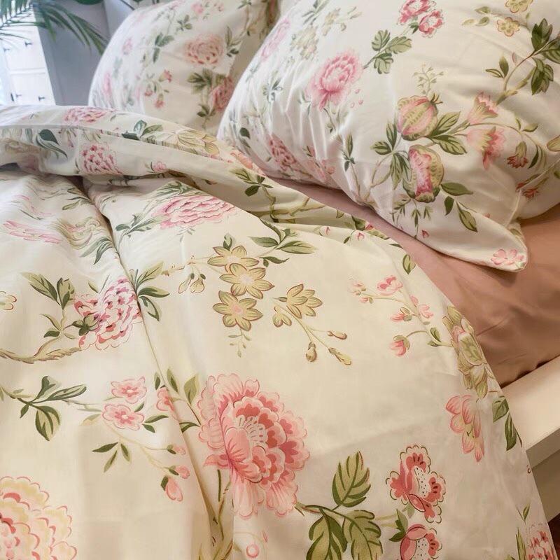 Bộ Chăn Ga Cotton Living 100%cotton Hàng Nhập Khẩu Cao Cấp 4 Món Hoa Hồng Vintage Nhẹ Nhàng