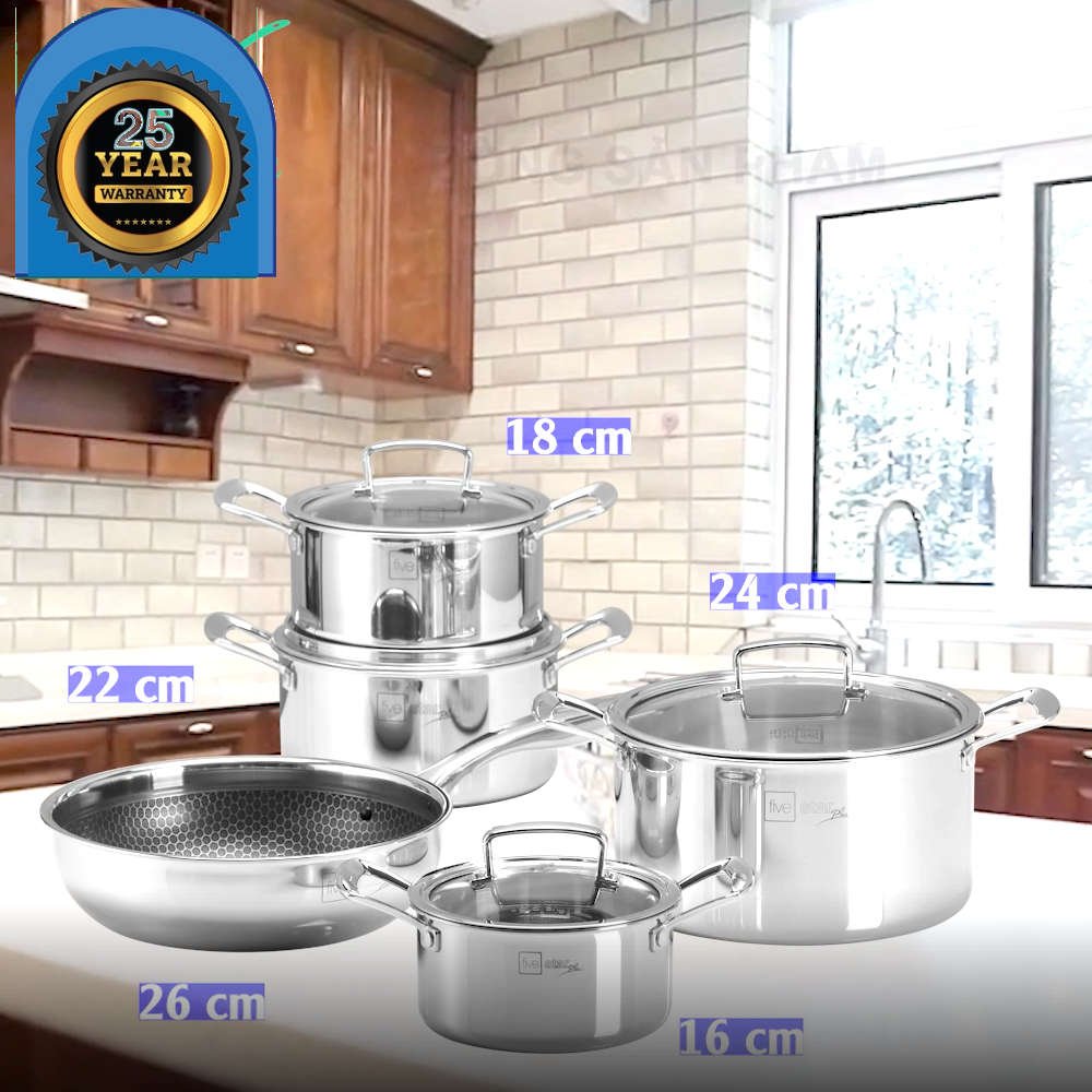 Bộ 4 nồi và 1 chống dính BlackCube 3 lớp đáy liền inox 304 Fivestar Plus nắp kính công nghệ chống trầy xước, dùng được mọi bếp