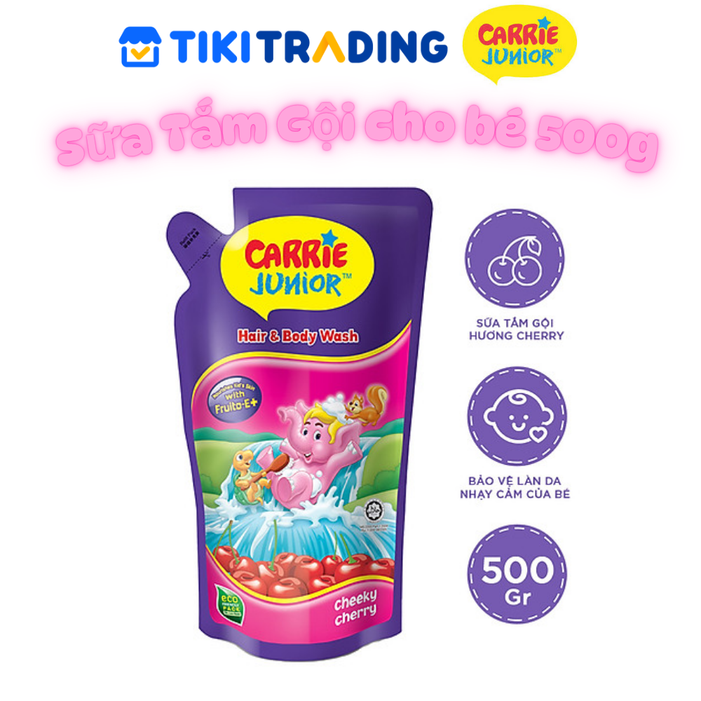 Túi Sữa Tắm Gội cho bé Carrie Junior Hương trái cây thiên nhiên Cheeky Cherry 500G