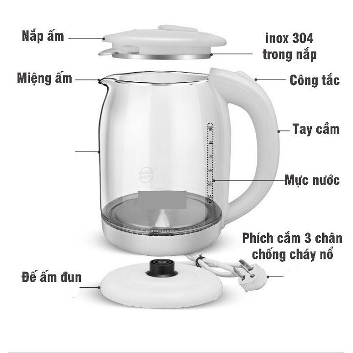 Bình Đun Nước Siêu Tốc - Ấm Siêu Tốc Thủy Tinh Công Suất 1500W Dung Tích 1.8L