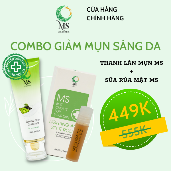 Thanh Lăn Mụn MS Lighting Acne Spot Roller , Hỗ Trợ Giảm Mụn, Mờ Vết Thâm, Thông Thoáng Lỗ Chân Lông + Sữa Rửa Mặt MS Kiểm Soát Nhờn Mụn Gentle Skin Cleanser , Làm Sáng Da, Thu Nhỏ Lỗ Chân Lông - Mỹ Phẩm MS COSMETIC