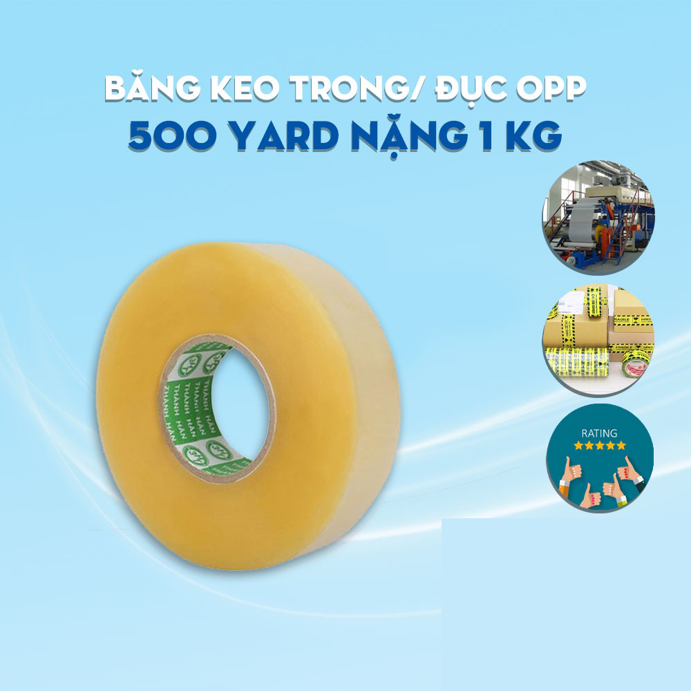 Băng keo trong, đục cuộn 1 kg lõi giấy mỏng, băng dính cuộn nặng 1kg siêu dày giá xưởng