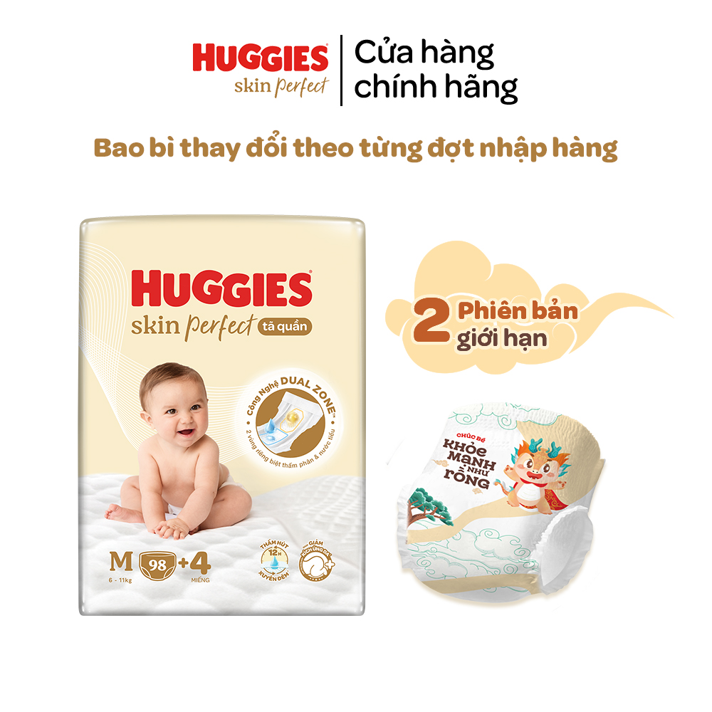 Tã quần Huggies Skin Perfect M Mega Jumbo 98+4 miếng với 2 vùng thấm giảm kích ứng da