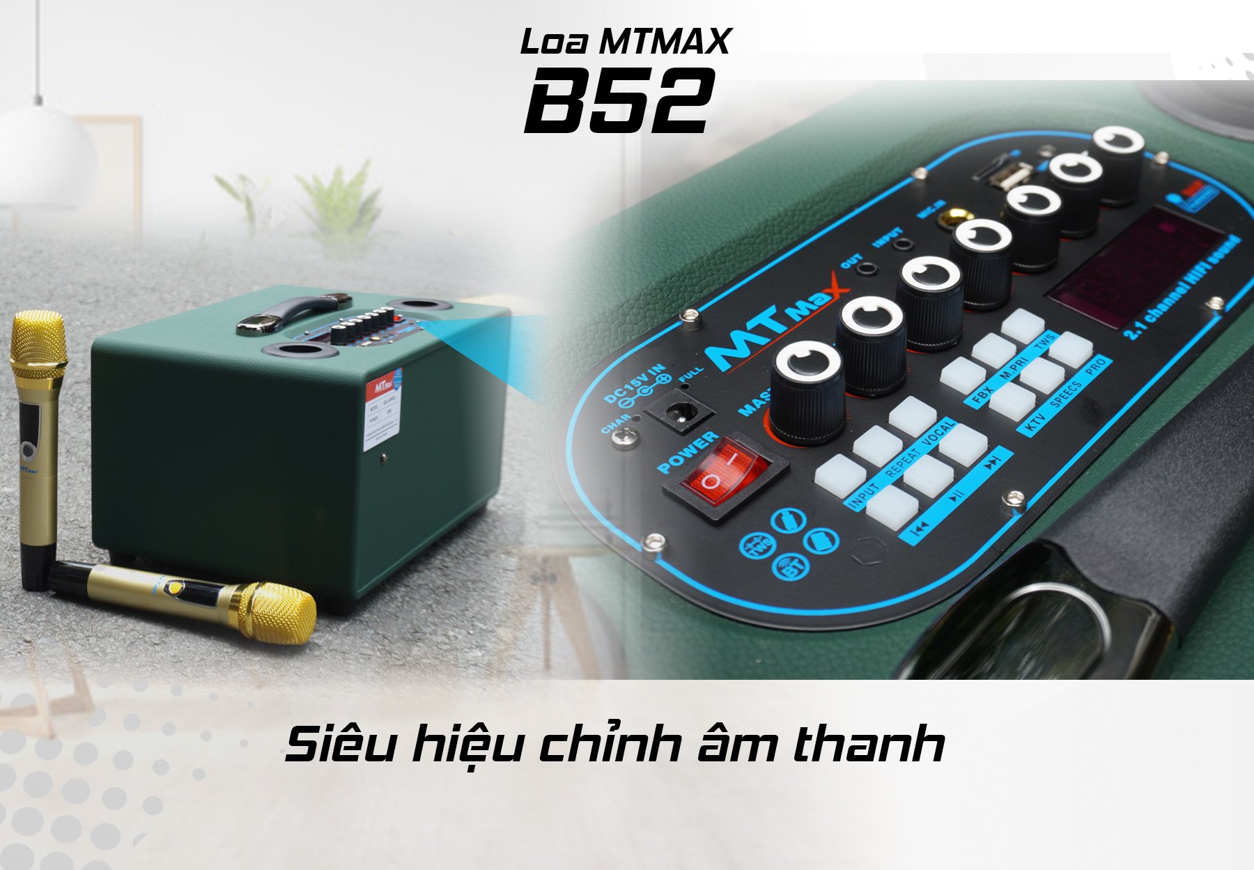 Loa kéo di động MTMAX  B52 Bass 16 kèm 2 Micro không dây kim loại .Chiếc loa hàng chính hãng  B52 với thiết kế mạnh mẽ vỏ gỗ bọc da tổng hợp, sang trọng, loa bass chắc, âm thanh hơn hẳn các loa ngang tầm giá.