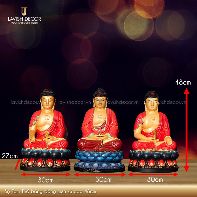 Bộ Tam Thế bằng đồng men sứ cao 48cm