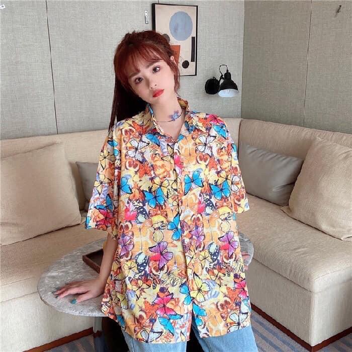 Áo SƠ MI NỮ SAM CLO form rộng in 3D cổ bẻ tay ngắn - lỡ dáng ulzzang freesize unisex mặc cặp, nhóm in hình ĐÀN BƯỚM COLORFUL