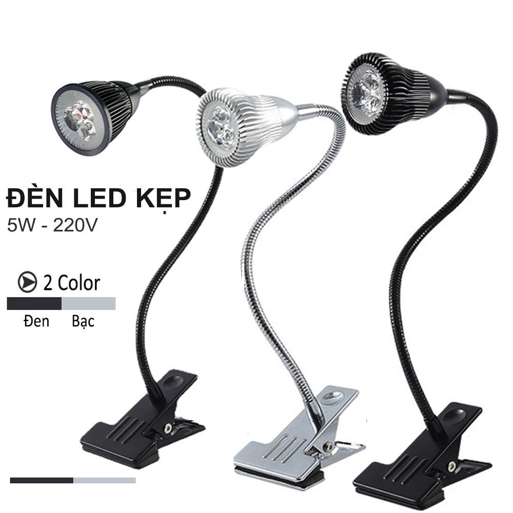 Đèn đọc sách đầu giường Led 5W-220V, Đèn rọi trang trí phòng ngủ khách sạn, Thân đèn kim loại uốn 360 độ, Kẹp đa năng 7cm