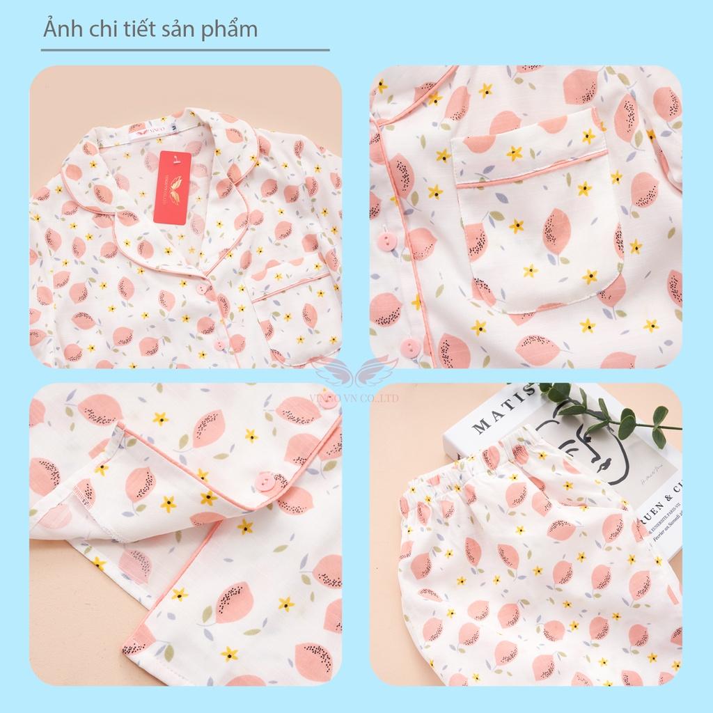 Bộ pijama mặc nhà nữ VINGO tay cộc quần cộc vải tơ đũi mềm mát mùa Hè họa tiết quả chanh hồng dễ thương H720 VNGO