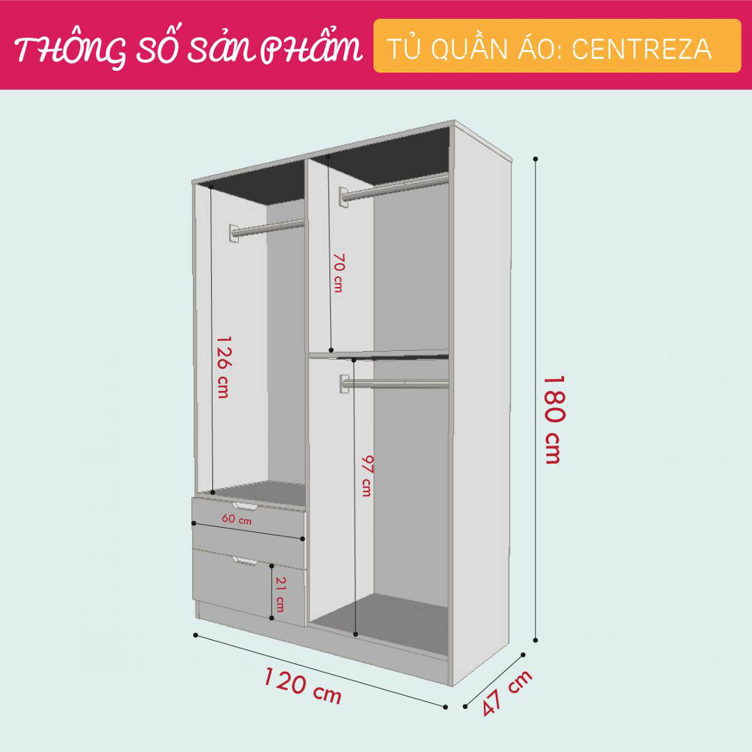 Tủ quần áo gỗ hiện đại SMLIFE Centreza | Gỗ MDF dày 17mm chống ẩm | D120xR47xC180cm