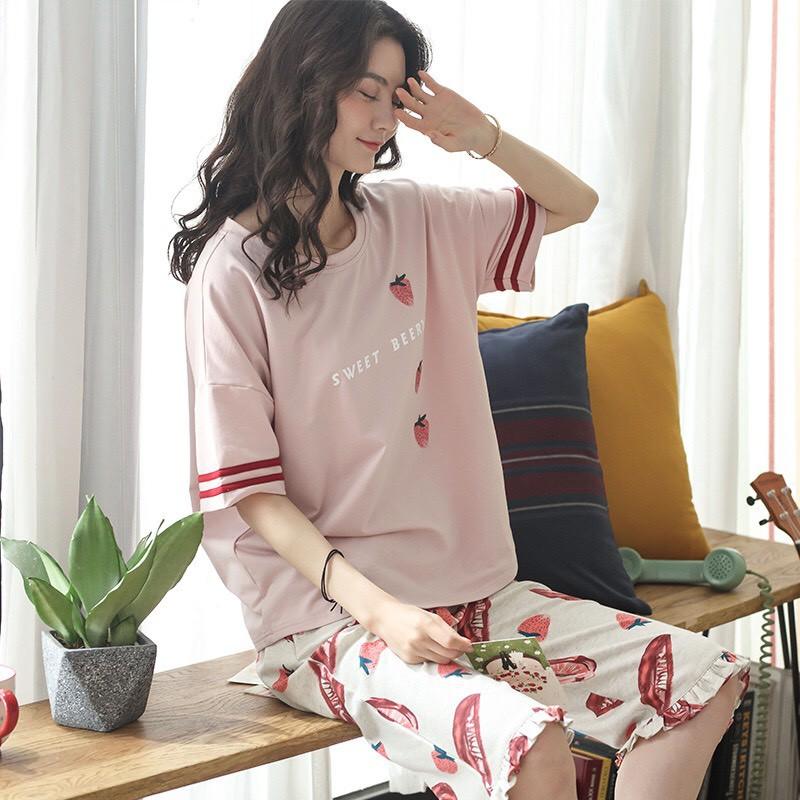 Bộ mặc nhà nữ thun cotton họa tiết strawberry viền bèo