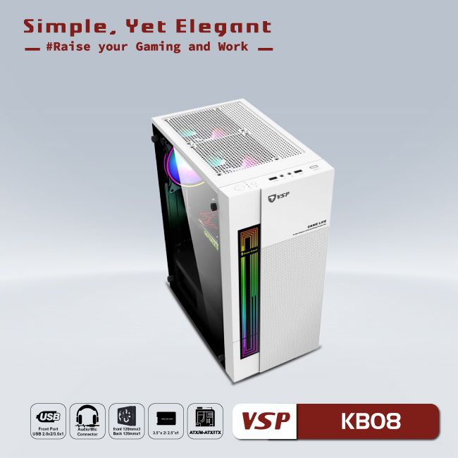 VỎ CASE MÁY TÍNH VSP - ESPORT GAMING KB08 CÓ SẴN LED RGB- JL - HÀNG CHÍNH HÃNG