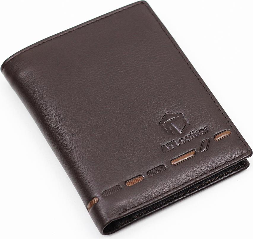 Ví đứng da bò nam cao cấp AT Leather 062 (12 x 9.5 cm) - Nâu