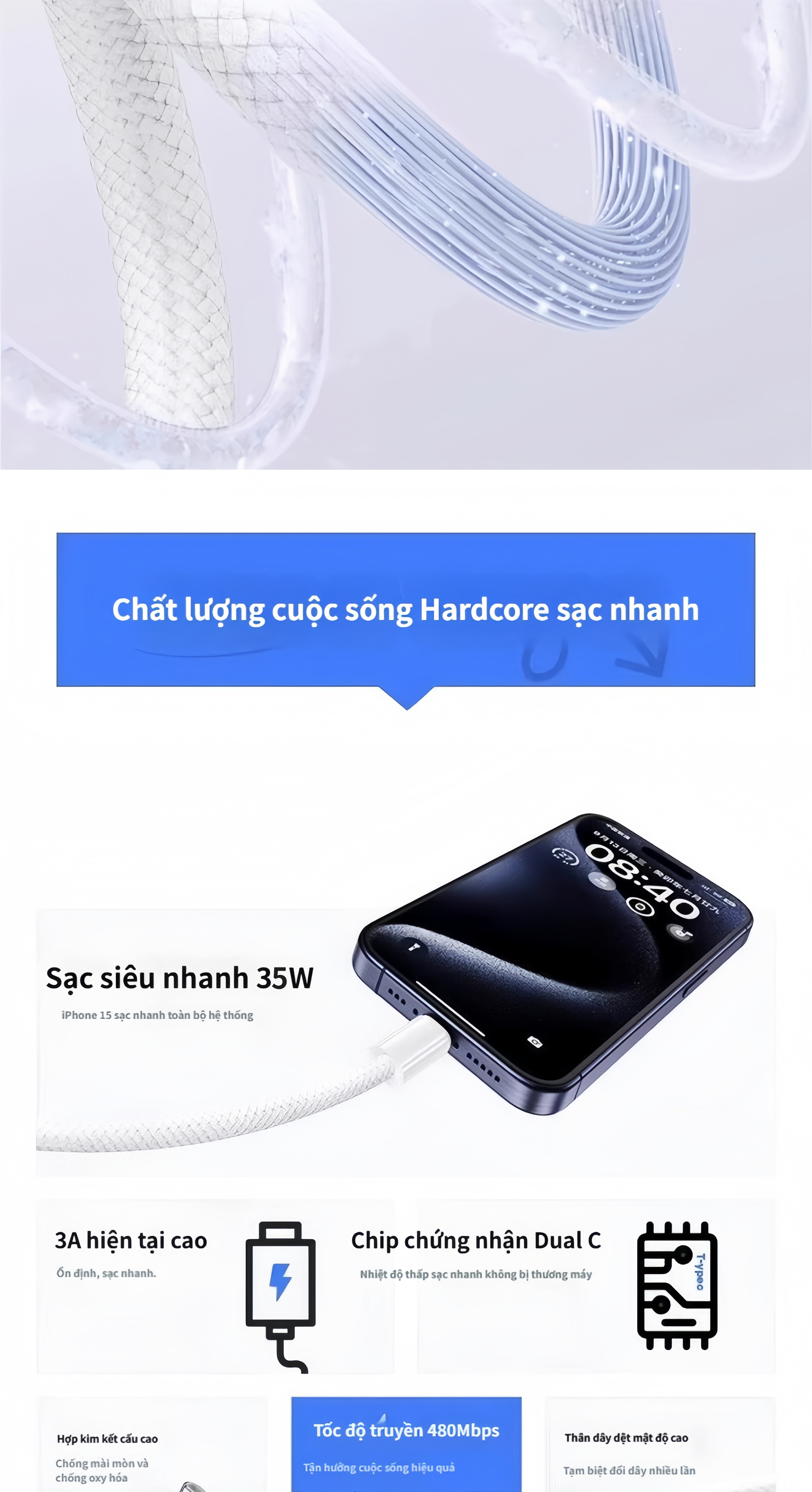 Bộ dây và củ sạc nhanh 35w type C dùng cho IP 17, 16, 15, Galaxy Note10 Plus, S20 Ultra và các dòng điện thoại dùng chung cổng Type C - Hàng nhập khẩu