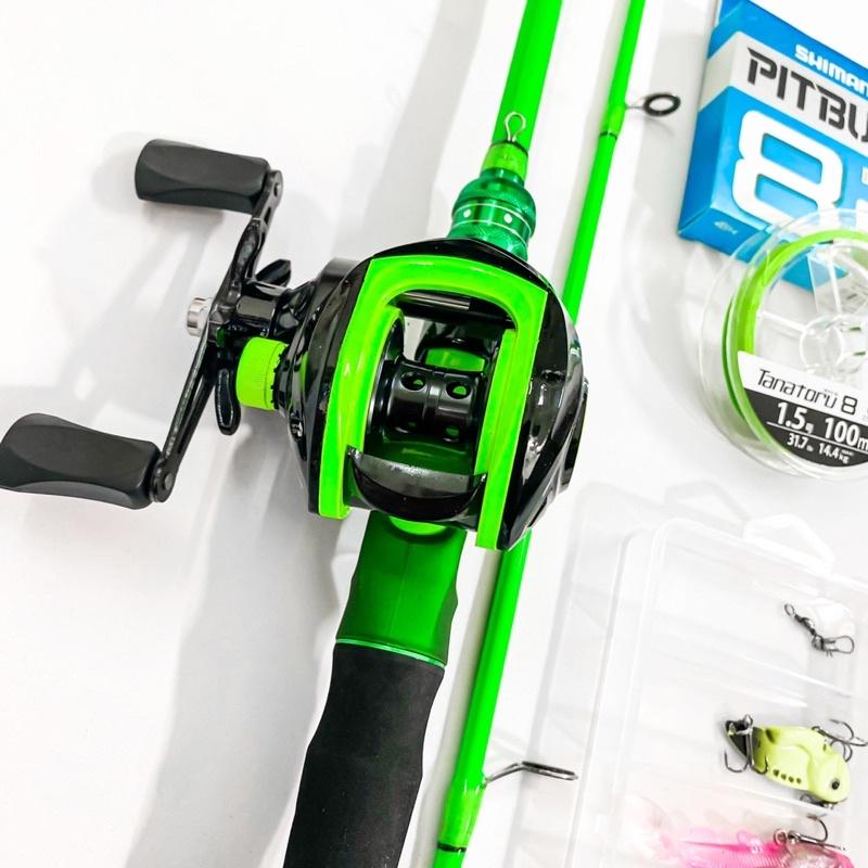 Bộ cần câu lure ngang carbon Red Wolf xanh lá máy câu ngang Xanh lá tặng bộ mồi câu và dây pe