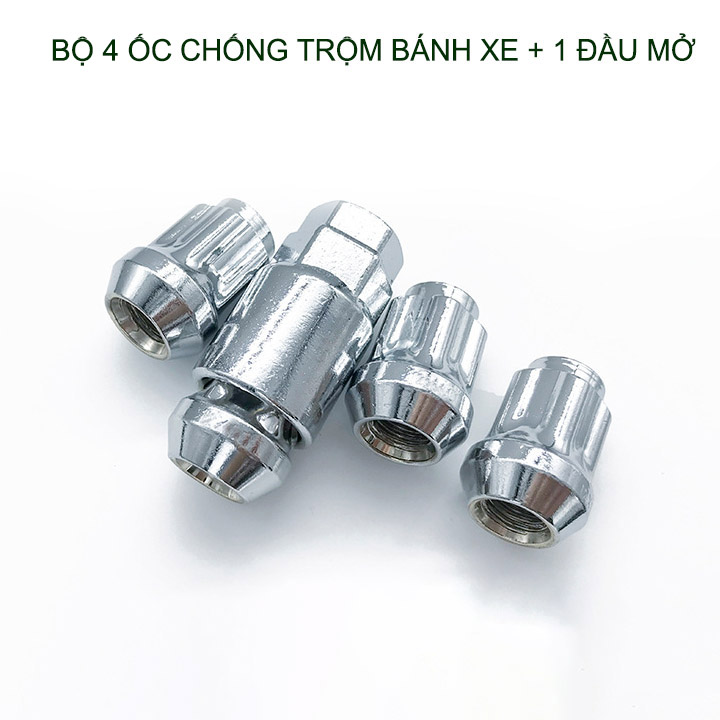 Combo 4 Đai ốc chống trộm bánh xe ôtô và 01 đầu khẩu mở, loại 12x1.5-12x1.25-14x1.5 tùy chọn