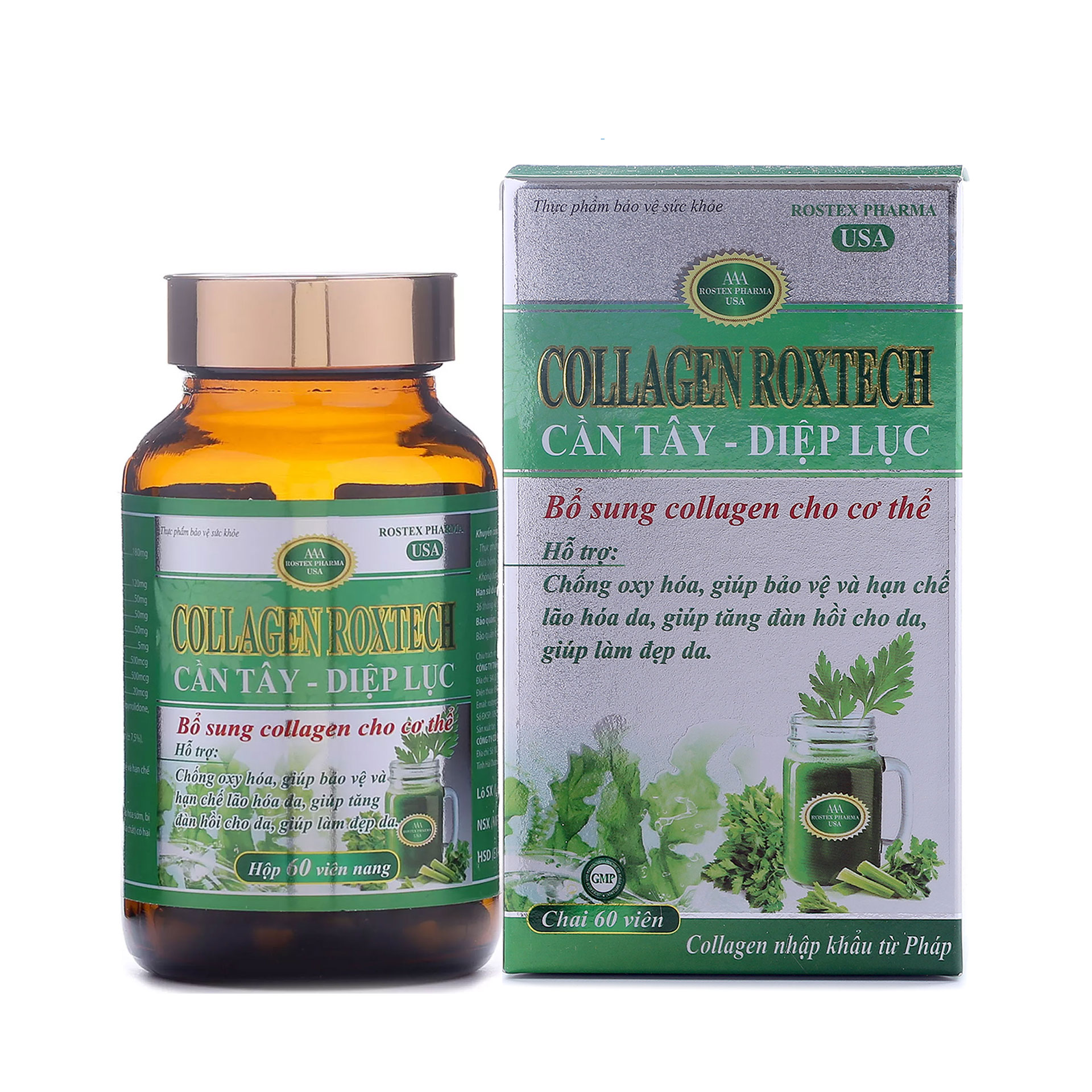 Collagen Roxtech Cần Tây Diệp Lục đẹp da, mờ nám, chai 60 viên